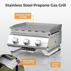 R.W.FLAME 3-Burner Tabletop Propane Gas Grill Stainless Steel Portable Outdoor Griddle,24,000 BTU Compact Flat Top Camping BBQ Grill,347 Sq. In. Cooking Area