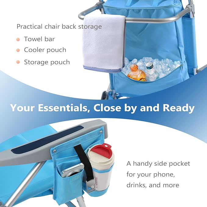 5-Position Aluminum Lay Flat Backpack Beach Chair, Compact Portable Low Beach Chairs for Adults with Cooler Pouch, Storage Pouch, Towel Bar, Cup Holder & Phone Holder, Blue