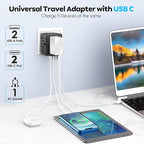 JMFONE Universal Travel Plug Adapter 5 in 1 Charger, European Travel Plug Adapter 2xUSB-A and 2xUSB C Wall Charger with Worldwide AC Outlet,International Power Adapter for Europe USA UK AUS Asia