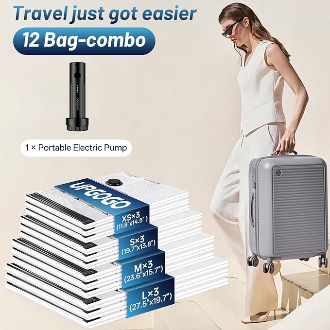 Combo 12 Pack Travel Vacuum Bags for Luggage with Portable Electric Pump,Vacuum Seal Bags for Clothing,Packing Cubes Compression,Cruise Ship and Travel Essentials