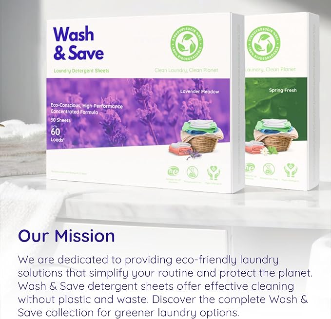 WASH & SAVE Laundry Detergent Sheets - 60 Loads / 30 Sheets | Plant-Based, Eco-Friendly, Hypoallergenic Liquidless Detergent | Perfect for Travel & Dorm - Spring Fresh