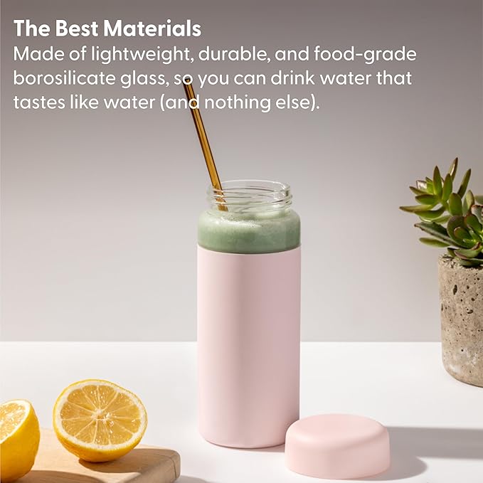 W&P Porter Glass Wide Mouth Bottle w/ Protective Silicone Sleeve | Charcoal 16 Ounces | On-the-Go | Reusable Bottle | Portable and Lightweight | Dishwasher Safe