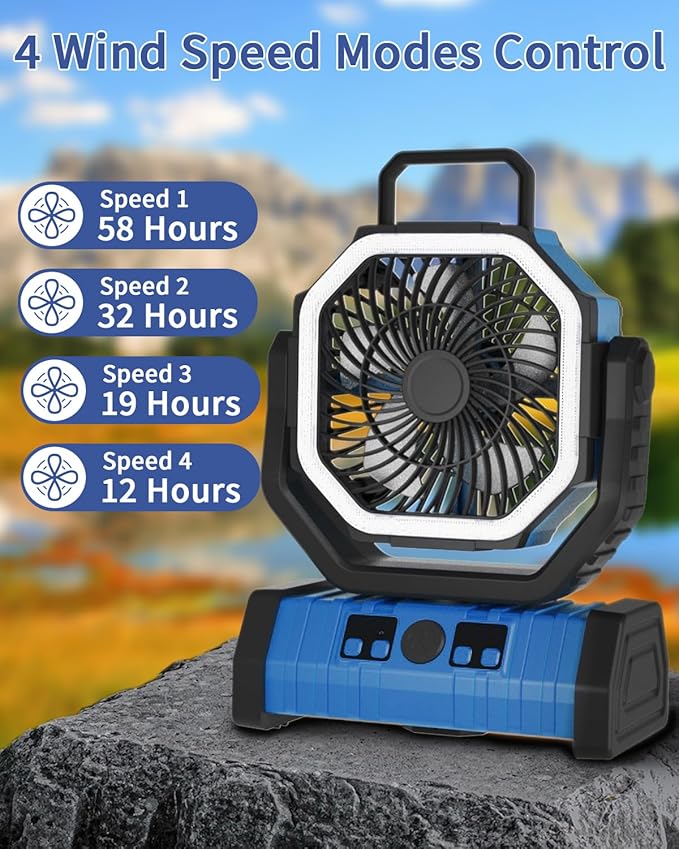 ADUST Camping Fan Battery Operated Powered Fan with LED Lantern Light 20000mAh Rechargeable Portable Oscillating, 360° Rotation Hanging Hook for Tents, Cordless USB Desk Fan(Blue)