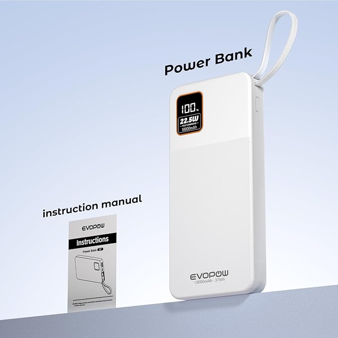 Portable Charger Power Bank, 10000mAh 22.5W Super Fast Charging Powerbank with Built-in USB C in&Out Cable, Slim External Battery Pack for iPhone 16/15/14/13/12/11 iPad Samsung S24 S23 Android etc