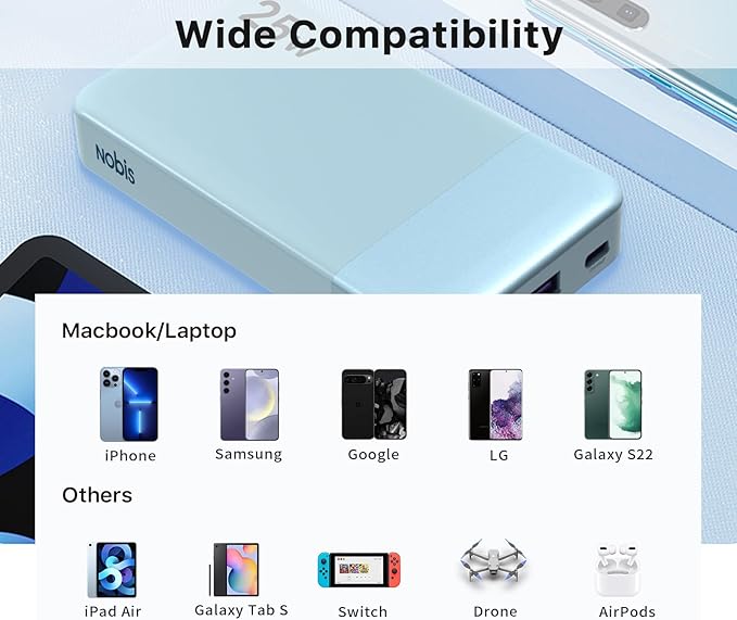 NOBIS Portable Charger, 10000mAh Power Bank Fast Charging, Battery Pack with C to C Cable, Battery Bank with Digital Display for iPhone iPad Android etc (Blue, 25W)