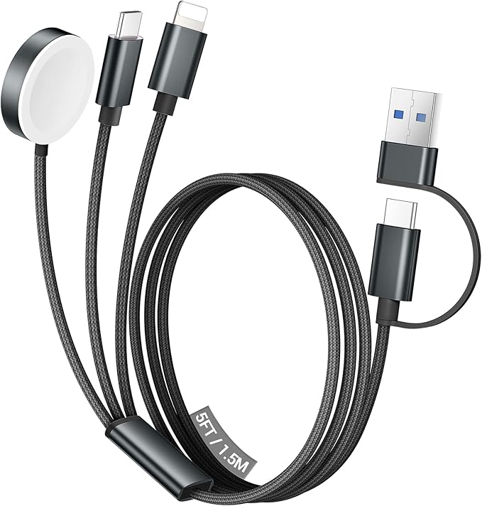Temdan for Travel Vacation Essentials,3 in 2 USB C Cable for Apple Watch Charger/iPhone 17 Charger/Lightning,Multi Charging Cable Cord,Camping Essentials,Designed for iWatch &iPhone 16-12-5FT Black