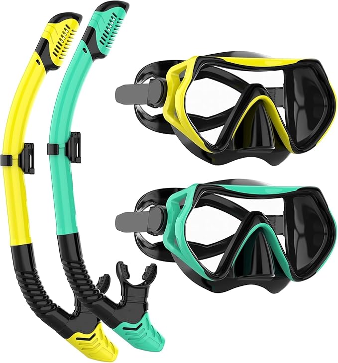 Snorkeling Gear for Adults, JRing Snorkel Mask Set with 180 Degree Tempered Glass Anti Fog Goggles Scuba Dry Top Snorkel for Swimming, Scuba Diving Mask for Men Women