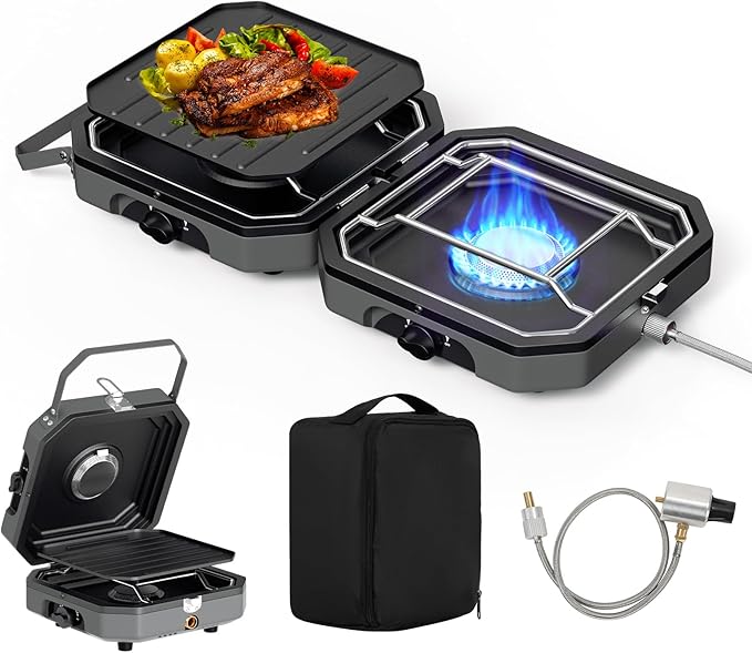 Adjustable 2-Burner Portable Stove with 16000 BTU, Flameout Protection, with Camping Grill and Carrying Bag, Propane Camping Stoves for Camping, Backyard BBQ,Tailgating (Grey)