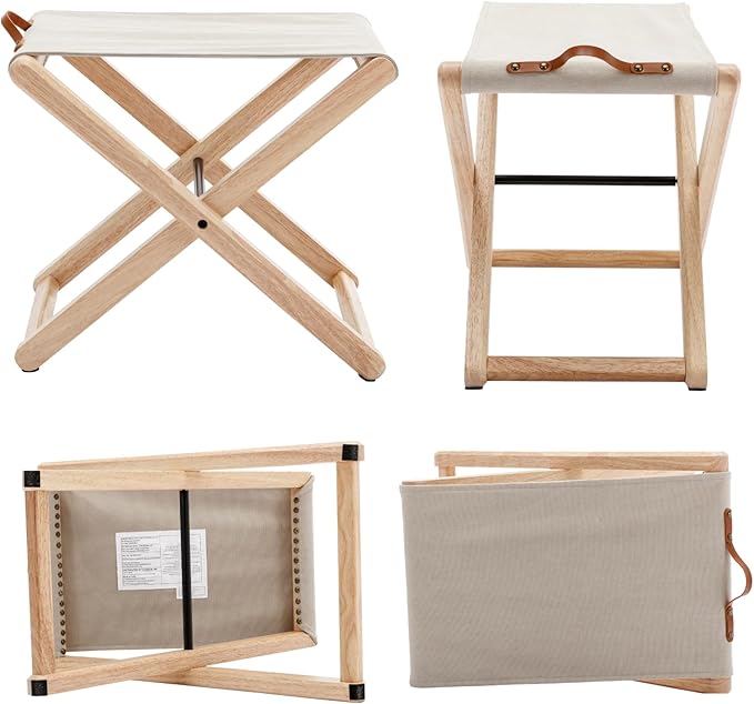 Folding Camping Stools Set of 2, Canvas Folding Stool with Wood Legs Portable Camp Stool Chairs for Outdoor Fishing Picnic Travel BBQ, Beige