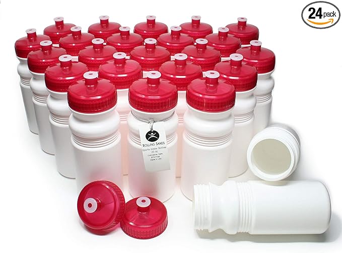 Rolling Sands USA Made 20 Ounce Sports Water Bottles - 24-Pack Bulk BPA-Free Blank Sports Bottles for Teams & Classrooms - White Bottle/Red Lid, No Smell No Taste