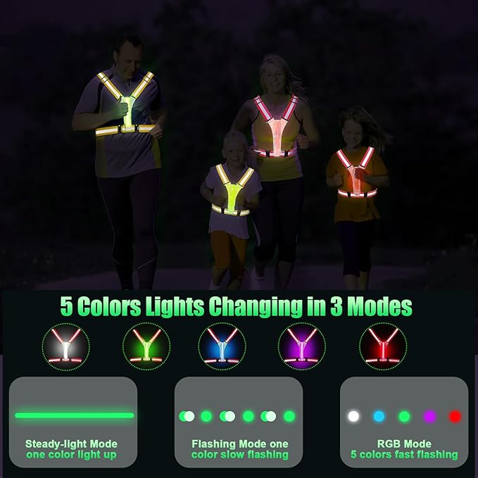 LED Reflective Vest Running Gear, 5 Colors Lights Up Running Vest for Night Walking Cycling Jogging, Adjustable Size for Men Women Kids, Rechargeable and High Visible
