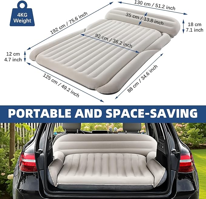 KMZ SUV Air Mattress Thickened Double Flocking Camping Mattress Upgraded Portable Sleeping Car pad Comfortable Inflatable Travel Bed with External Pump and 2 Pillows（Off-White and Light Gray）