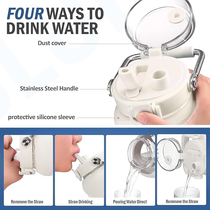 BLUEGO 84oz Water Bottle Glass with Stainless Steel Handle Large 2.5l Water Bottle with Time Markers and Silicone Sleeve Half Gallon Water Jug BPA Free for Gym Daily Use, White