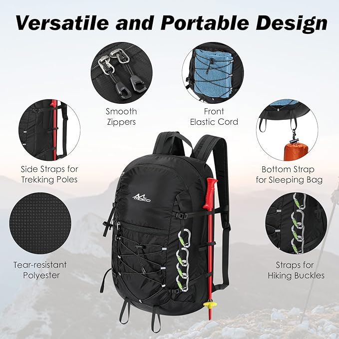 MoKo Hiking Backpack, 40L Large Capacity Camping Backpack with Multiple Pockets, Tear-Resistant Travel Daypack for Men Women, Packable and Lightweight Hiking Daypack for Travel Camping Outdoor, Black