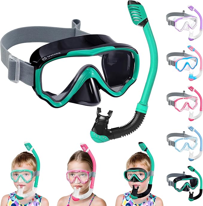 Vvinca Snorkeling Gear for Kids Dry Top Kids Snorkel Set for Boys Girls Junior Youth Children Age 4-14 Swim Goggles with Nose Cover Anti-Fog Panoramic View Adjustable Elastic Diving Mask and Snorkel