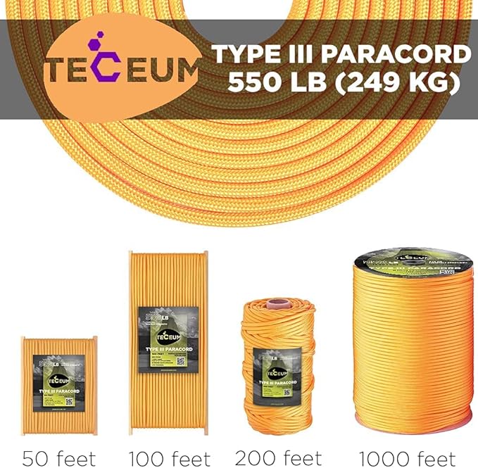 TECEUM 5/32" Paracord Rope 1000 – 1000ft / 200ft / 100ft / 50ft – Tactical Parachute Cord 4mm – 45+ Colors – Nylon String for Survival & Camping Gear – Stripe Cord for Survival – Utility Rope