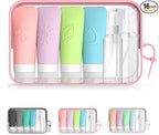 16-Piece Silicone Travel Bottles Set – TSA Approved Leakproof Toiletry Kit with Flat Easy-Squeeze Bottles, Pump & Spray, Waterproof Bag