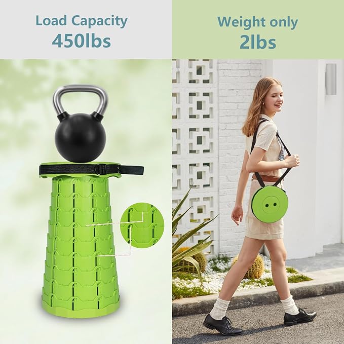 Portable Collapsible Stool, Adjustable Height Folding Seat for Adults and Kids, Lightweight Retractable Telescoping Stool for Camping, Travel, Fishing, Outdoor & Indoor Use (Apple Green)