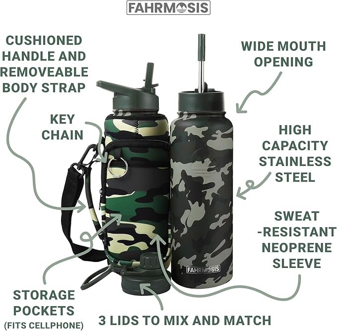 40 Oz Water Bottle with Strap Stainless Steel Sports Water Bottle with 3 Lids (Straw, Chug and Flip Lid) Insulated Leak Proof Metal Jug for Men & Women - Camo