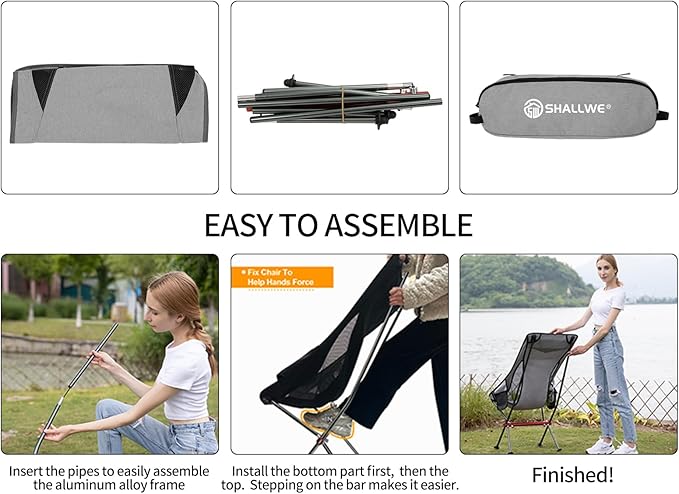 SHALLWE Camping Chairs, All Aluminum Frame Portable Folding Camp Chair for Adults, Heavy Duty High Back Collapsible with Built-in Pillow, Side Pocket, Carry Bag for Backpacking, Hiking, Beach