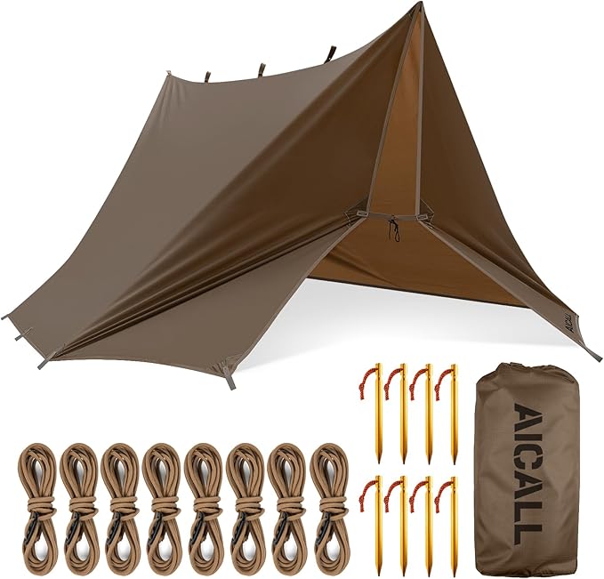 Waterproof Camping Tarp 10 x 10ft Survival Tent Backpacking Portable Tarp Multifunctional Anti-UV Shelter for Outdoor (Chestnut Brown)