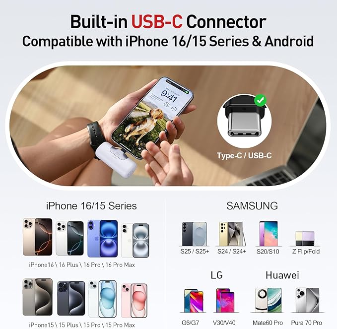 iWALK Portable Charger 5500mAh Next-Gen Small Power Bank 22.5W Fast Charging Battery USB-C Portable Phone Charger for iPhone 17/16/15 17 Plus 17 Pro Max iPad, Samsung Galaxy S25 S24 S23 Android, White