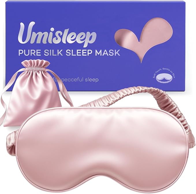 Umisleep 100% Pure Mulberry Silk Sleep Mask, 22 Momme 6A Soft & Smooth Fibers, Breathable Eye Mask for Women Men, Better Light Blocking Sleeping Mask with Travel Pouch, Elastic Strap Blindfold, Pink