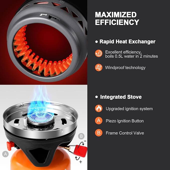 Odoland Heat Exchange Camping Pot with Backpacking Stove 7-In-1 Camping Cookware Mess Kit for Hiking, Trekking, Fishing and Picnic