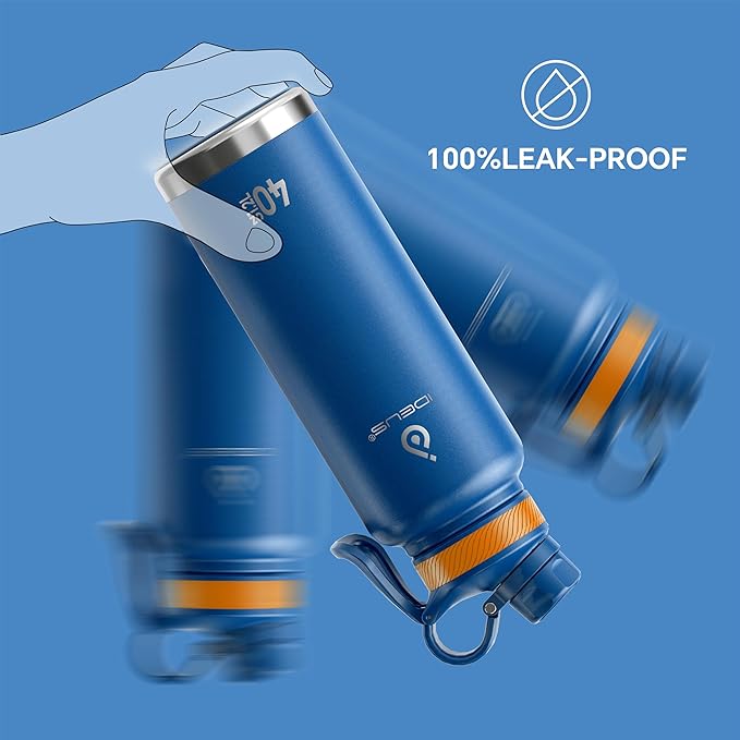 IDEUS Insulated Stainless Steel Water Bottle with 2 Leak-Proof Lids, Thermal Water Flask for Hiking Biking, 40oz, Bright Blue