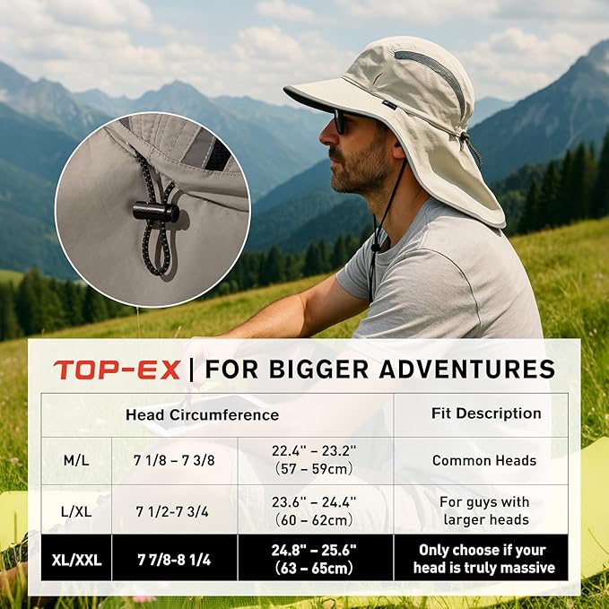 TOP-EX M/L/XL/XXL Unisex Mens Sun Hat with Neck Flap Sunglass Lock UPF 50 Wide Brim Fishing Hats Waterproof & Packable