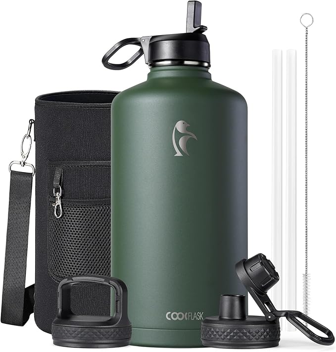 Coolflask 128 oz Gallon Water Bottle Insulated with Straw&3 Lids, Water Jug Large Stainless Steel Metal Vacuum Wide Mouth for Sports, Gym or Office, Non-BPA Keep Cold 48H Hot 24H, Dark Green