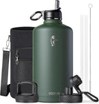 Coolflask 128 oz Gallon Water Bottle Insulated with Straw&3 Lids, Water Jug Large Stainless Steel Metal Vacuum Wide Mouth for Sports, Gym or Office, Non-BPA Keep Cold 48H Hot 24H, Dark Green