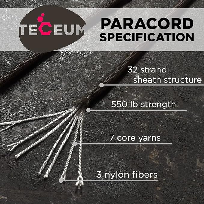 TECEUM 5/32" Paracord Rope 1000 – 1000ft / 200ft / 100ft / 50ft – Tactical Parachute Cord 4mm – 45+ Colors – Nylon String for Survival & Camping Gear – Stripe Cord for Survival – Utility Rope