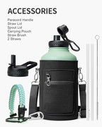 Insulated Water Bottle 64oz,Half Gallon Water Flask Stainless Steel Vacuum, Cold for 48 Hrs,BPA-Free & Leakproof -with Paracord Handle, Strap,Straw Spout Lids,Large Jug for Gym Sports,Green