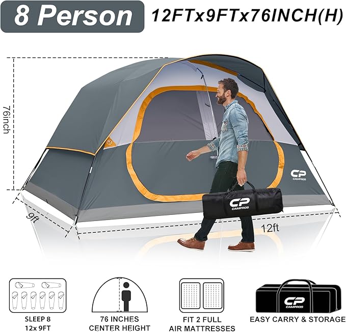 CAMPROS CP Tent 8 Person Camping Tents, Waterproof Windproof Family Tent with Top Rainfly, Large Mesh Windows, Double Layer, Easy Set Up, Portable with Carry Bag, for All Seasons