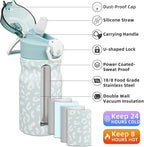 BJPKPK Water Bottle With Straw 14oz Insulated Water Bottles Reusable Stainless Steel Metal Thermo With Leak Proof Lockable Lid And Carry Handle,Light Blue Leopard
