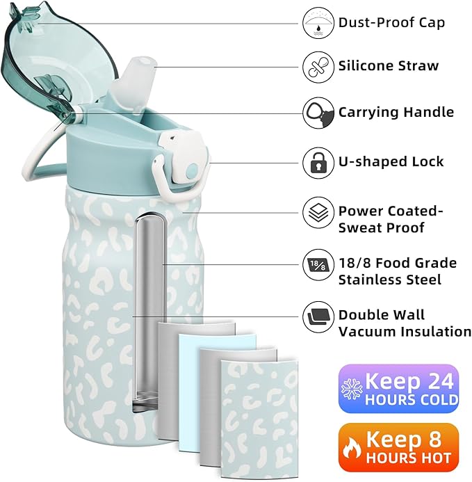 BJPKPK Water Bottle With Straw 14oz Insulated Water Bottles Reusable Stainless Steel Metal Thermo With Leak Proof Lockable Lid And Carry Handle,Light Blue Leopard