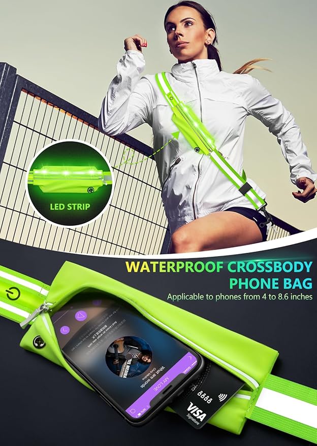 LED Reflective Belt Sash for Walking at Night, Night Running Safety Gear High Visibility Rechargeable LED Light Up Running Belt for Runners Walkers Men Women