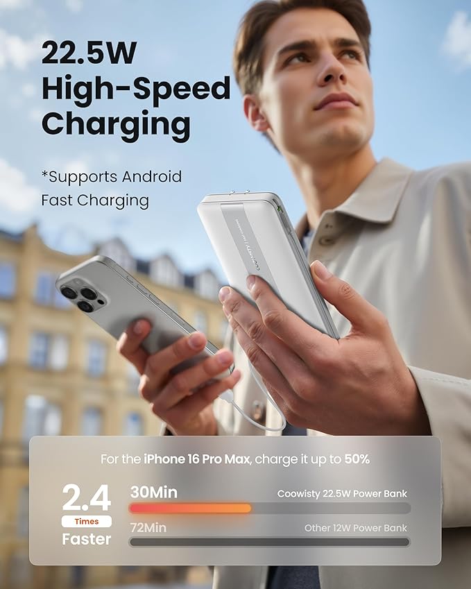 Fast Charging Power Bank with AC Wall Plug, USB C Portable Charger 10500mAh 22.5W with Built in Cables, 4 Outputs 3 Inputs LED Display External Battery Pack Compatible with iPhone/Android (White)