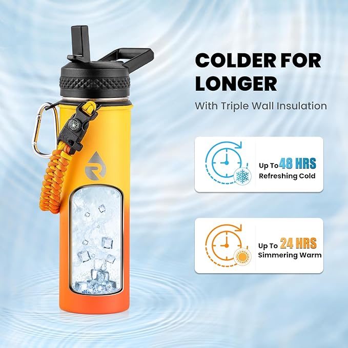 Insulated Water Bottle 20 oz, Triple Wall Vacuum Stainless Steel (Cold for 48 Hrs), Leak Proof & Non-BPA, Kids Water Bottle Jug for School with Straw Spout Lids, Ombre Orange