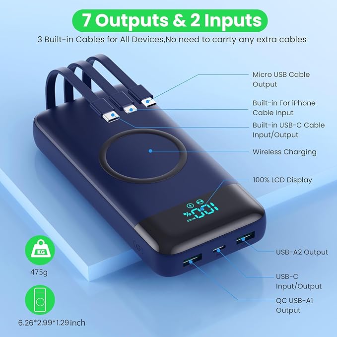 Wireless Portable Charger 40800mAh with 3 Built-in Cables,7-in-1 15W Wireless Charging Power Bank,25W PD QC 4.0 Fast Charging USB C LCD Display Battery Pack for iPhone 16/15/13,Samsung,Android-Blue