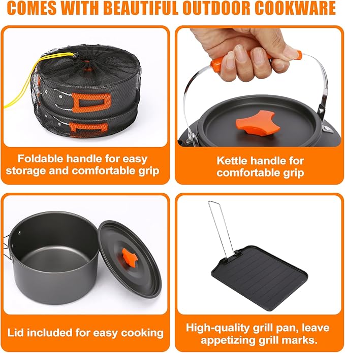Portable 2 Burner Camping Stove Set with Cookware, Outdoor Cooking Kit Includes Outdoor Folding Gas Stove, Frying Pan, Griddle, Kettle, Pot, and Carry Bag, For Propane & Butane, 20,000 BTU/h