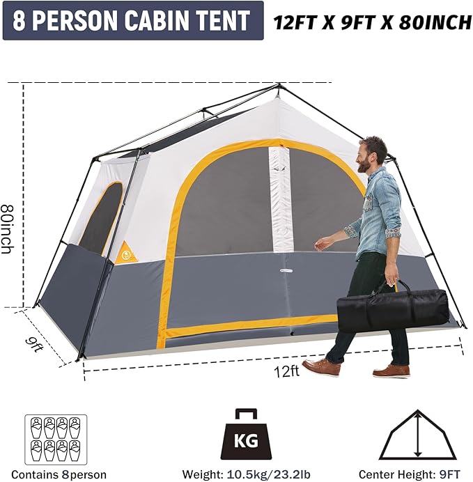 HIKERGARDEN 6-8 Person Camping Tent - Portable Family Cabin Tent for Camp, Windproof Fabric Camp Tent Outdoor for Hiking, Backpacking, Traveling