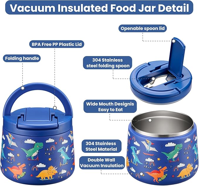 14oz Insulated Vacuum Food Jar with Buckle Lid,Soup Thermo for Hot Food Kids,Wide Mouth Leakproof Stainless Steel Lunch Container with Spoon-Dinosaur