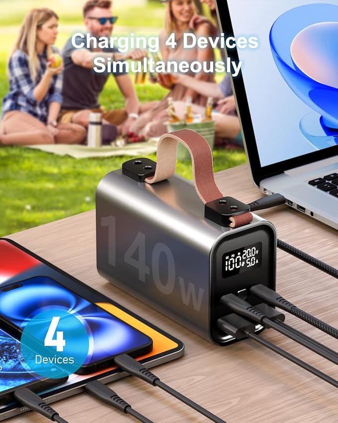 140W Laptop Portable Charger Power Bank 50000mAh(185Wh), Power Station PD 3.1 QC4.0 Fast Charging External Battery Pack Aluminium alloy with 4 Outputs USB-C LED Light for Outdoor Emergency-Gray
