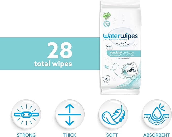 WaterWipes On The Go Wipes, 99.9% Water-Based Wipes for Travel, Sports, and to Refresh Skin, Unscented & Hypoallergenic, 28 Count (2 Pack)