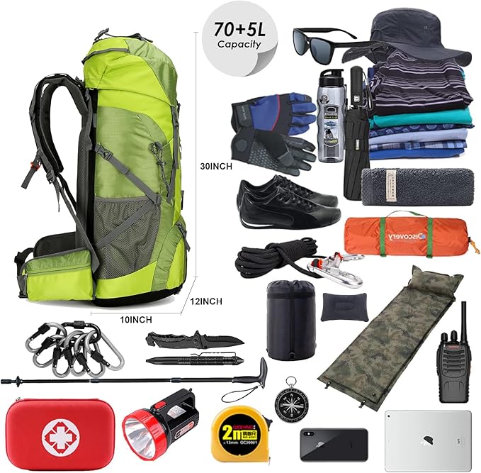 WintMing 75L Hiking Backpack with Rain Cover Waterproof Camping Backpack Shoes Warehouse for Men Women