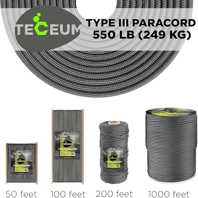 TECEUM 5/32" Paracord Rope 1000 – 1000ft / 200ft / 100ft / 50ft – Tactical Parachute Cord 4mm – 45+ Colors – Nylon String for Survival & Camping Gear – Stripe Cord for Survival – Utility Rope