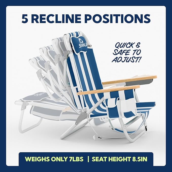 SUN NINJA Beach Chair – Folding Chair for Beach with 5 Reclining Positions, Cup & Phone Holder, Insulated Back Storage Pouch, Portable Lightweight Aluminum Frame - Navy Stripes 1pc