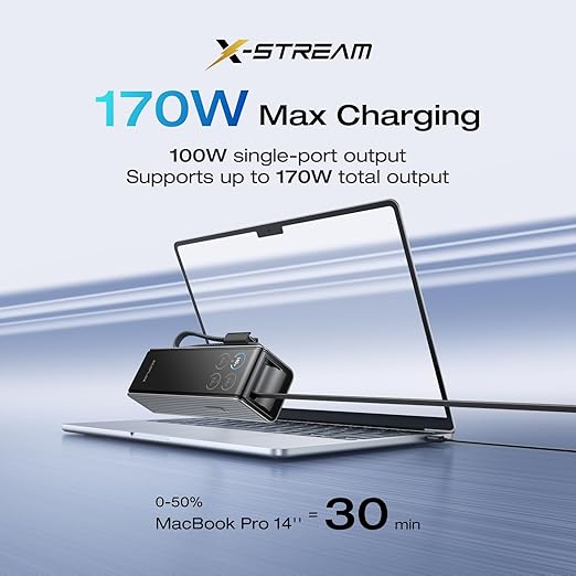 EF ECOFLOW Rapid Power Bank, 25,000mAh, 170W, 100W Built-in and Retractable Cables, Portable Charger with Triple 100W USB-C Port, Compatible with iPhone Series, Samsung, Laptop and More, Silver